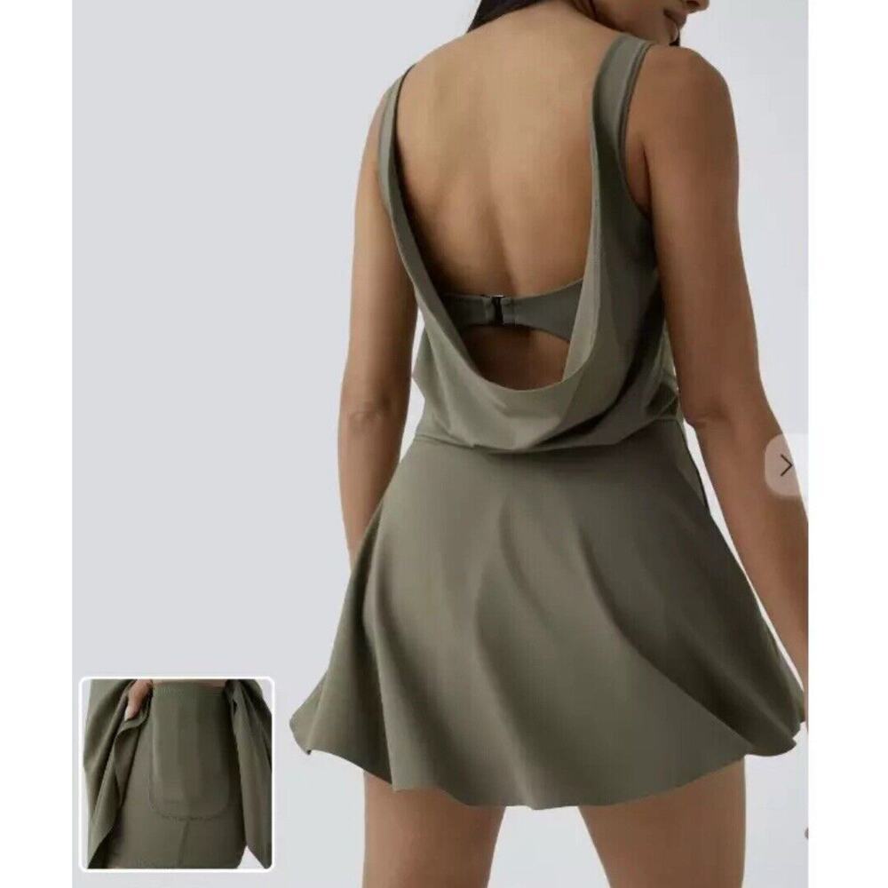 Halara Draped Backless 2-in-1 Pocket Mini Active Dress Skort Green Dress L NEW